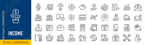 Income web icons in line style. Accounting, payment, bank, investment, commission, work, tax, collection. Editable stroke. Vector illustration.