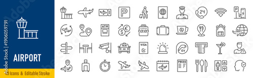 Airport web icons in line style. Plane, boarding pass, tickets, travel, baggage, terminal, passport, departure, collection. Editable stroke. Vector illustration.