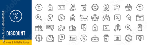 Discount web icons in line style. Sale, cupon, shopping, shop, mega sale, outlet, collection. Editable stroke. Vector illustration.