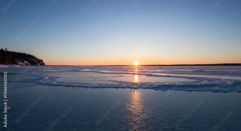 Obraz premium Frozen lake at sunset with a heart-shaped ice formation, tranquil landscape