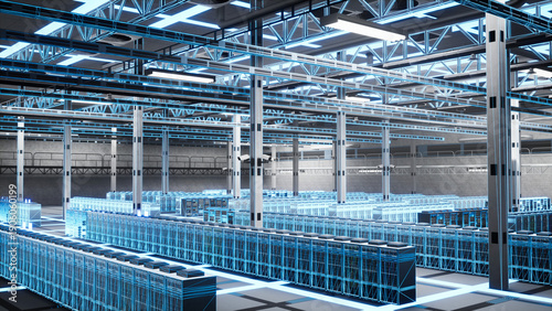 Bild auf Leinwand Empty data center server racks used for virtualization, blue wireframe overlay