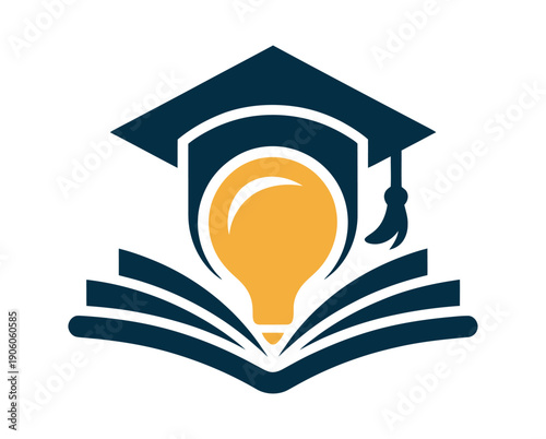 An educational logo featuring a graduation cap and lightbulb on an open book