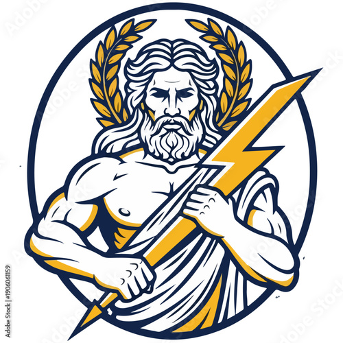 Powerful Greek God Zeus Mascot Illustration Holding Lightning Bolt with Laurel Wreath