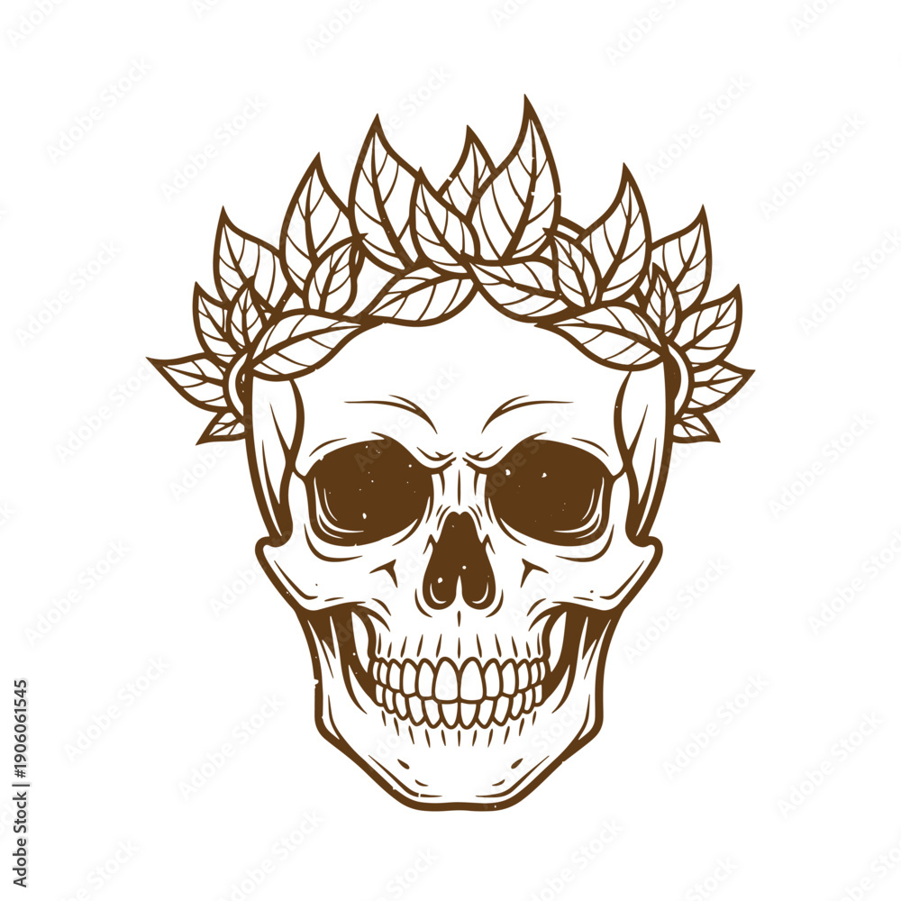 Fototapeta premium Vintage Grunge Human skull with leaves wreath on head isolated on white background