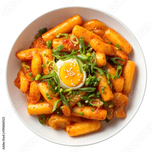 Spicy Korean Tteokbokki rice cakes with egg and scallions in a white bowl
