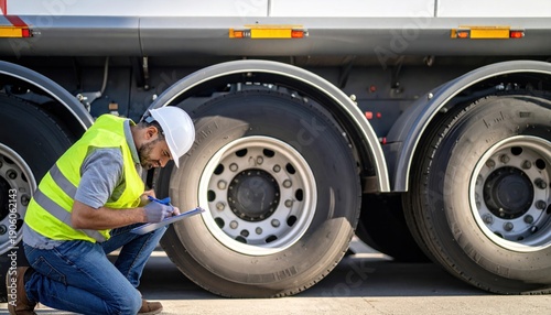 Professional Worker Inspecting Semi-Truck Tire and Recording Data on Clipboard for Safety Check