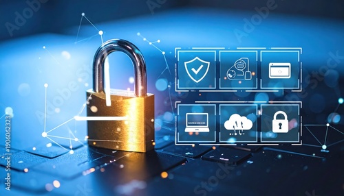 Cybersecurity concept with a golden padlock on a laptop keyboard, surrounded by digital network lines and glowing security icons, symbolizing data protection and online privacy.