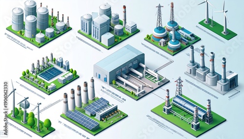 Isometric Global Energy Infrastructure: Industrial Facilities, Power Plants, and Renewable Energy Sites