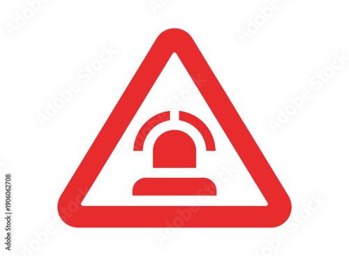 A red warning sign with a siren icon on a white background indicating alert or danger