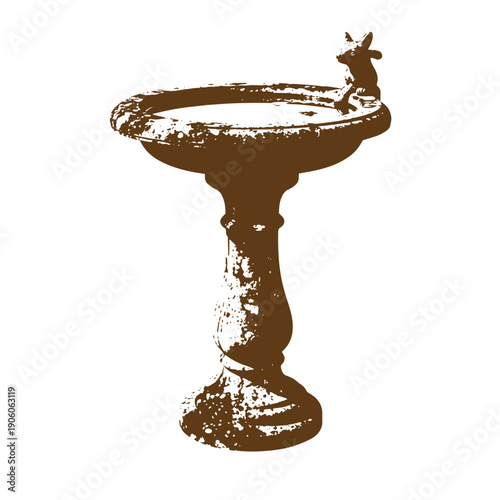 Grunge texture Grungy illustration of a birdbath with a bird perched on the rim outdoors in a garden setting with a natural look Vintage Style