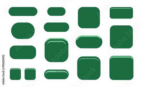 A collection of various green rounded rectangle buttons on a white background