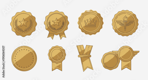 Collection of golden award badges and medals displayed together in a flat layout
