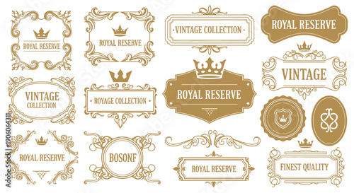 Vintage collection labels and badges with royal reserve emblems and ornate frames in a luxurious gold tone design