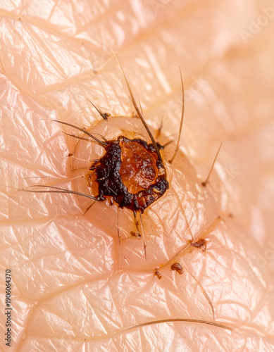 Macro view of dark brown scab forming over dry graze as protective layer for new skin growth.