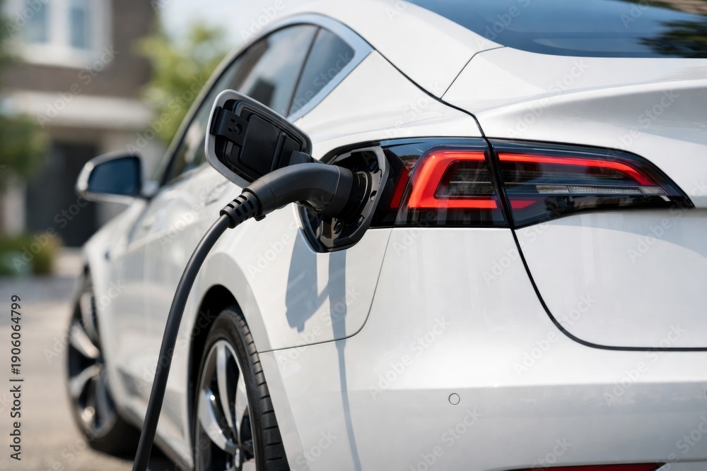 Fototapeta premium White Electric Car Charging at a Station, Showcasing Modern Eco-friendly Technology and Sleek Automotive Design