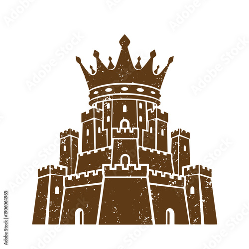 Vintage Grunge A sand castle with a crown on top in brown color isolated on white background