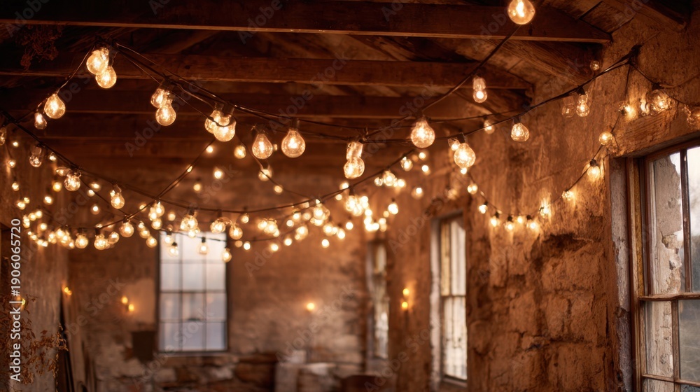 Fototapeta premium Vintage rustic room with string lights and cozy warm ambiance.
