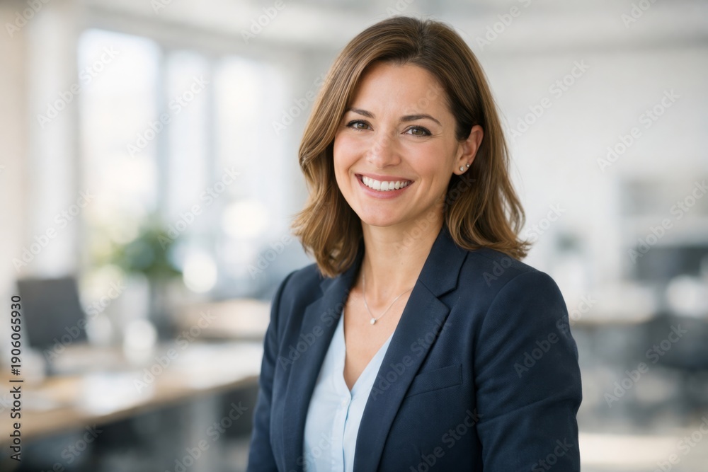 Fototapeta premium Confident Young Woman Smiling in a Professional Setting, Wearing a Dark Blazer and Light Blouse