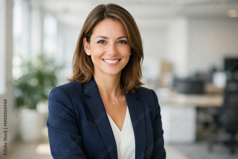 Obraz premium Confident Hispanic Woman in a Professional Outfit Smiles Warmly in a Bright Office Environment