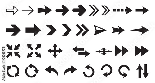 Minimalist black arrow and navigation icon set, vector symbols for web interface, business infographics, and wayfinding design.