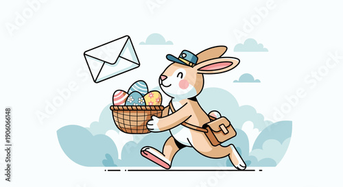 Happy Easter Bunny Postman Delivering Basket of Decorated Eggs and Mail Running Flat Vector Illustration
