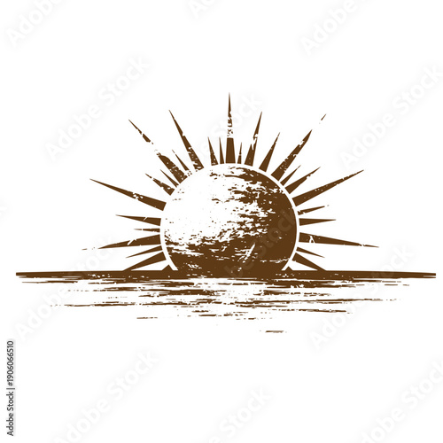 Vintage Grunge grungy sun rising over water with rays and splashes  natural light symbol