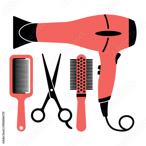A set of hair styling tools including a hair dryer, scissors, and combs on a white background.