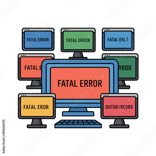 A cartoon illustration of multiple computer monitors displaying fatal error messages in a chaotic arrangement