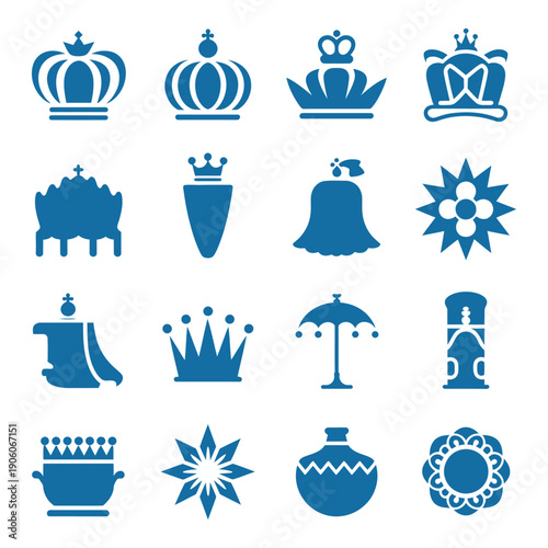 A collection of blue royal crowns and regal symbols on a white background