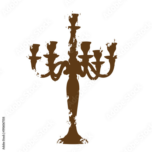 Grunge texture grungy illustration of old candelabra with multiple candle holders on white background Vintage Style