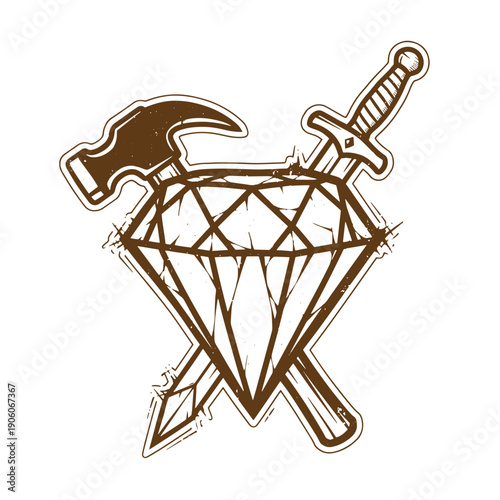 Vintage Grunge stylized illustration of hammer and dagger crossed behind diamond on white background