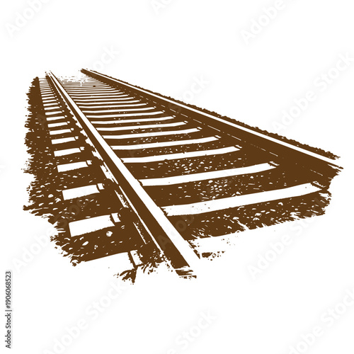 Grunge texture railway tracks stretching into the distance with wooden sleepers and metal rails on a white background Vintage Style