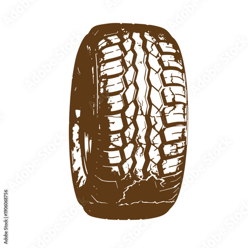 Grunge texture tire with tread pattern on white background  car wheel with worn rubber texture Vintage Style