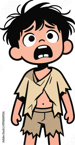 Shocked young boy in tattered clothes, expressive cartoon vector illustration