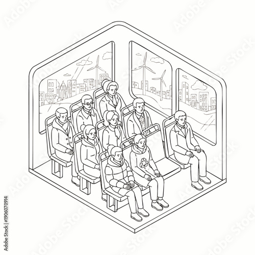 Isometric line art illustration of diverse people commuting on public transport, showcasing sustainable urban travel with city skyline and wind turbines through windows.