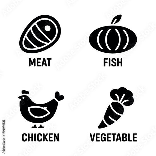 A graphic illustration of different food types including meat, fish, chicken, and vegetable.