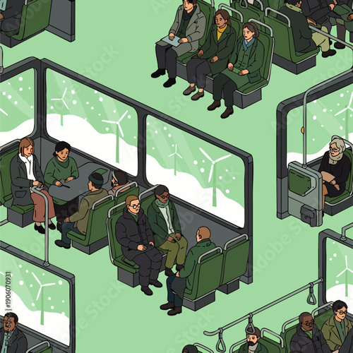 Isometric illustration of diverse passengers commuting on a public bus in a winter landscape with wind turbines, highlighting sustainable urban transport and green energy.