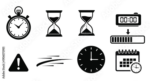 A collection of time related icons including clocks hourglasses and a calendar rendered as a silhouette high quality professional detailed modern elegant stylish