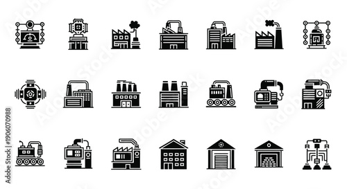 A collection of industrial buildings factories and structures depicted in black minimalist silhouette high quality professional detailed modern elegant stylish clean crisp