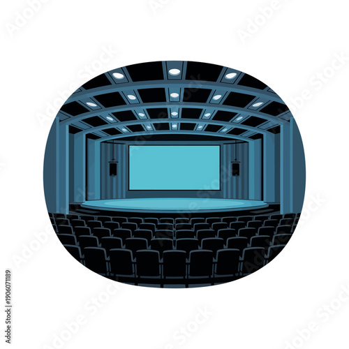 A large empty auditorium with a stage and screen in a modern building