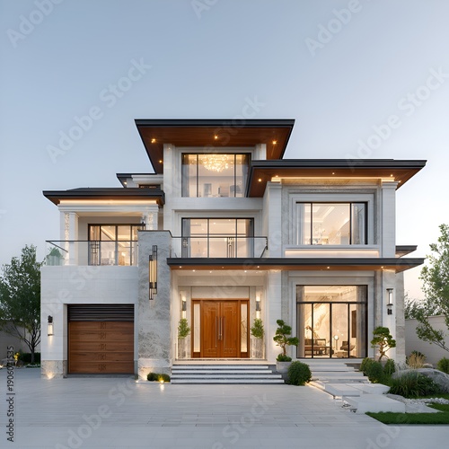 A luxurious modern house with a flat roof and large stands elegantly against a soft sky in a stylish contemporary architectural design.