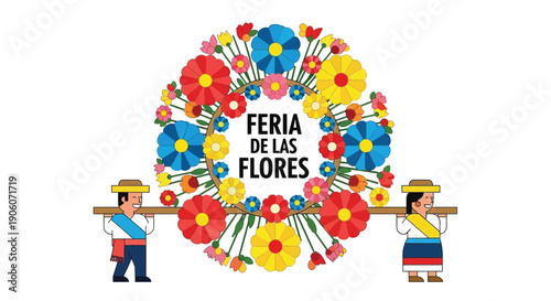 A vibrant floral arrangement with people carrying traditional silleteros a colorful colombian display silhouette high quality professional detailed modern elegant stylish clean