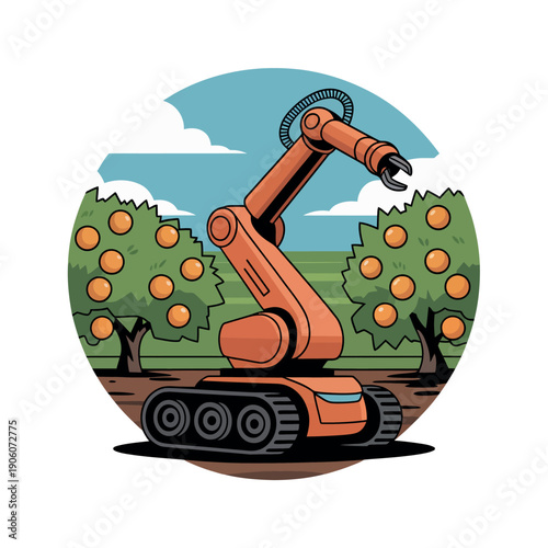 A cartoon robotic arm picking oranges from trees in a sunny orchard landscape