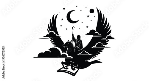 A dark silhouette of a winged horse and rider against a celestial backdrop with clouds and stars silhouette high quality professional detailed