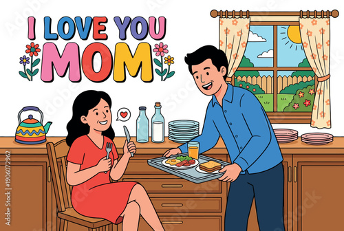 A loving son serving breakfast to his mother in a cozy kitchen on Mother's Day