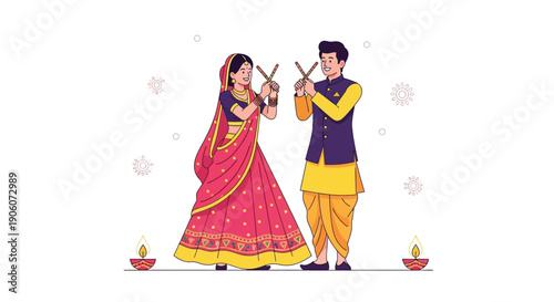 A joyful indian couple celebrates with hands raised posing amidst festive decorations a vibrant silhouette high quality professional detailed modern elegant