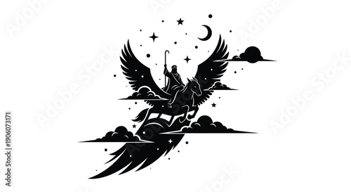 A striking black silhouette depicts a winged figure riding a mythical creature amongst clouds and stars silhouette high quality professional detailed modern