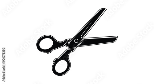 A stark black graphic illustrates a pair of open scissors showcasing a simple bold silhouette high quality professional detailed modern elegant stylish