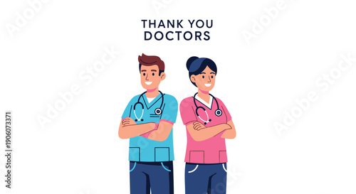 A cheerful illustration depicts two doctors with crossed arms expressing gratitude for healthcare professionals silhouette high quality professional detailed modern elegant