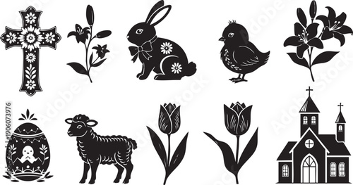 Black and white Easter and spring themed silhouettes on white background cross lily